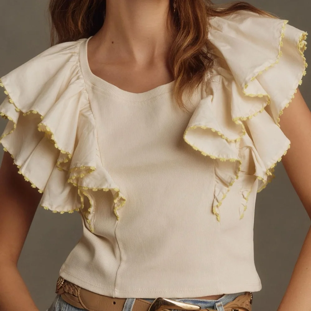 Anthropologie Oversized Ruffles Short Sleeve Ribbed Top Women’s Medium Cream - Picture 1 of 12